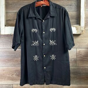 Monte Carlo Men’s Black Button-Front Hawaiian Guitars,Drums,Pineapples  M 38/40